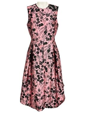 ERDEM PINK / BLACK INDRA PLEATED FLORAL BROCADE MIDI DRESS